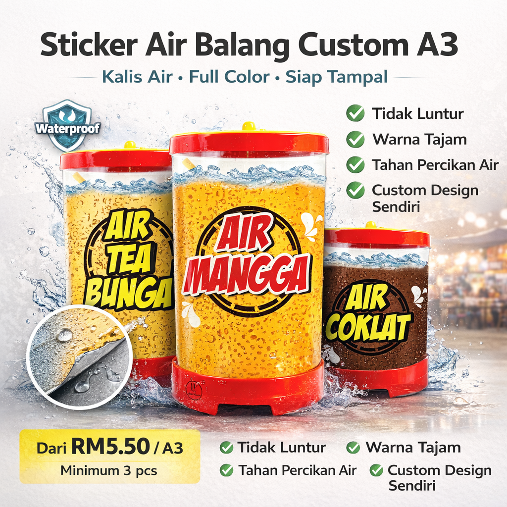 Sticker Air Balang Custom A3 (Kalis Air, Full Color, Siap Potong)